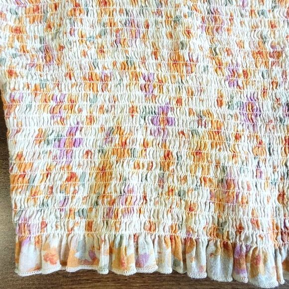 Arizona Boho Ruched Smocked Crop Top Size XXL 2XL Floral Puff Sleeves 7% Linen - Picture 2 of 6